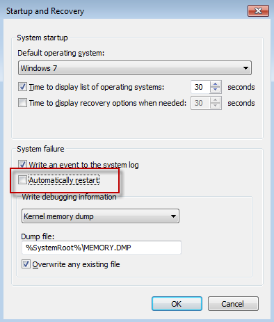 In Startup and Recovery, uncheck the "Automatically restart" for system failure. Click "OK" after unchecking the checkbox
