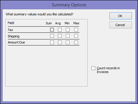 Select how you want the summary values calculated on the Summary Options dialog