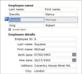 employee information inside master and detail controls on form