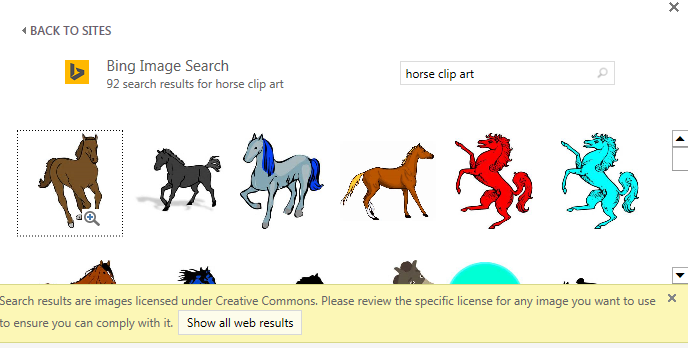 Searching for “horse clip art” gives you a variety of images under a Creative Commons license.