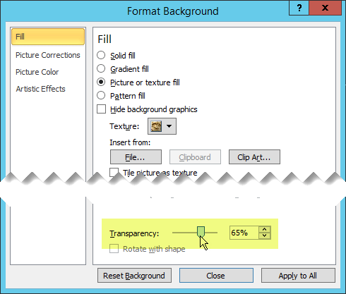The Format Background dialog box has a Transparency slider bar for adjusting an image