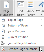 Choose Insert tab, and in the Header and Footer group, choose Page Number, and then Remove Page Numbers.