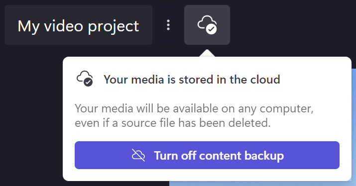 Image of Clipchamp content backup dialogue