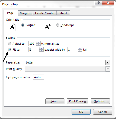 Define the "Fit to" option in the Page Setup dialog box.