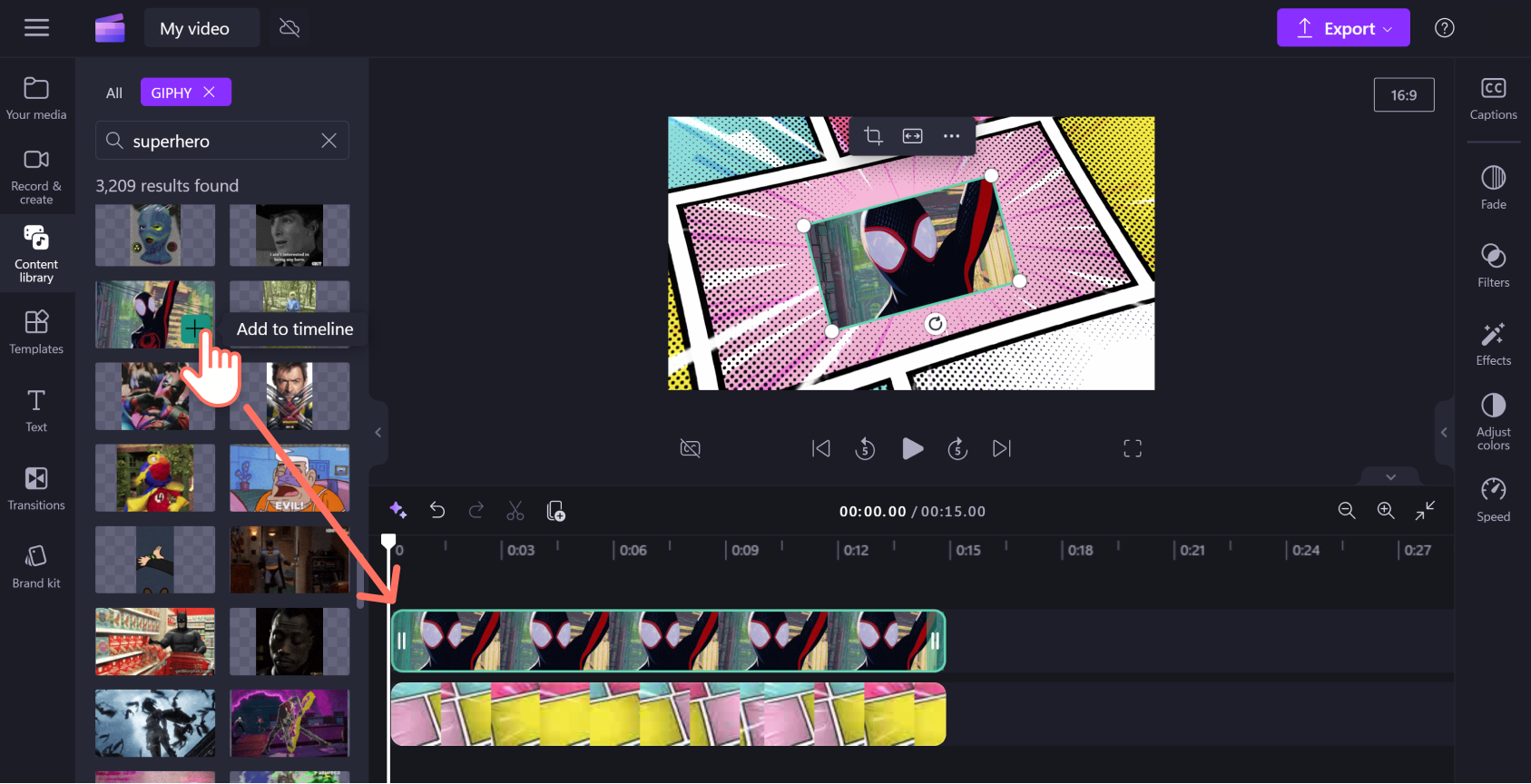 An image of a Clipchamp user dragging a GIF above a video clip in the editing timeline.