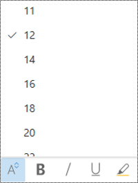 Font size menu open in Outlook on the Web.