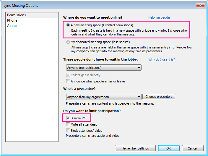 Screen shot of disable IM in Lync Meeting options window