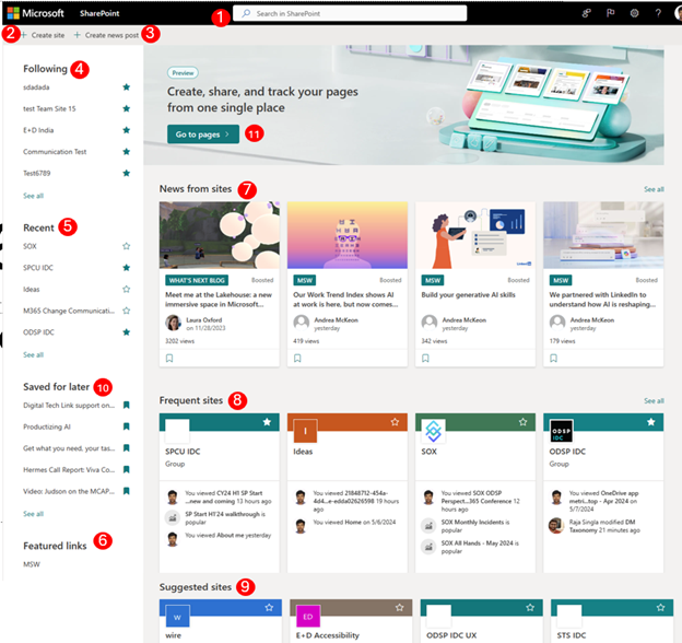 Screenshot of the new SharePoint start page