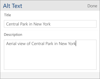 Screenshot of the Word Mobile alt text dialog containing Title and Description fields.