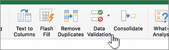 Excel tool bar data menu with Data Validation selected