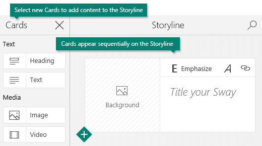 Cards task pane and Sway Storyline