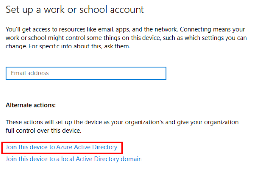 Set up a work or school account screen