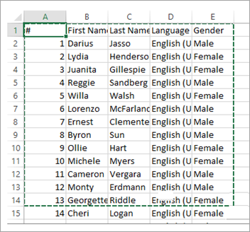 Screenshot of an Excel spreadsheet with a range highlighted to import.