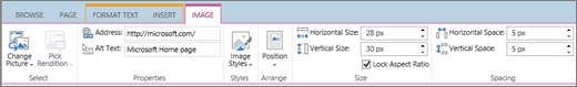Screenshot shows a section of the SharePoint Online ribbon with the Image tab selected and the selections available in the Select, Properties, Styles, Arrange, Size, and Spacing groups.