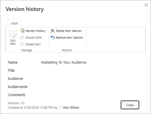 The Version history dialog showing the delete option.