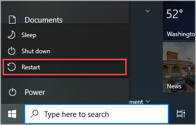 Where to find the Restart option in the Windows 10 Start menu.