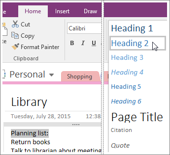 Screenshot of the Styles drop-down menu in OneNote 2016.