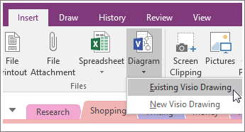 Screenshot of the Insert Diagram button in OneNote 2016.