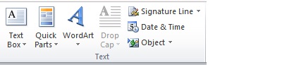 Text group on the Insert tab in Word