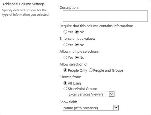 Choices for Person or Group column