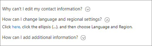 Expandable answer that reads, "Click here, click the ellipsis (...), and then choose Language and Region.