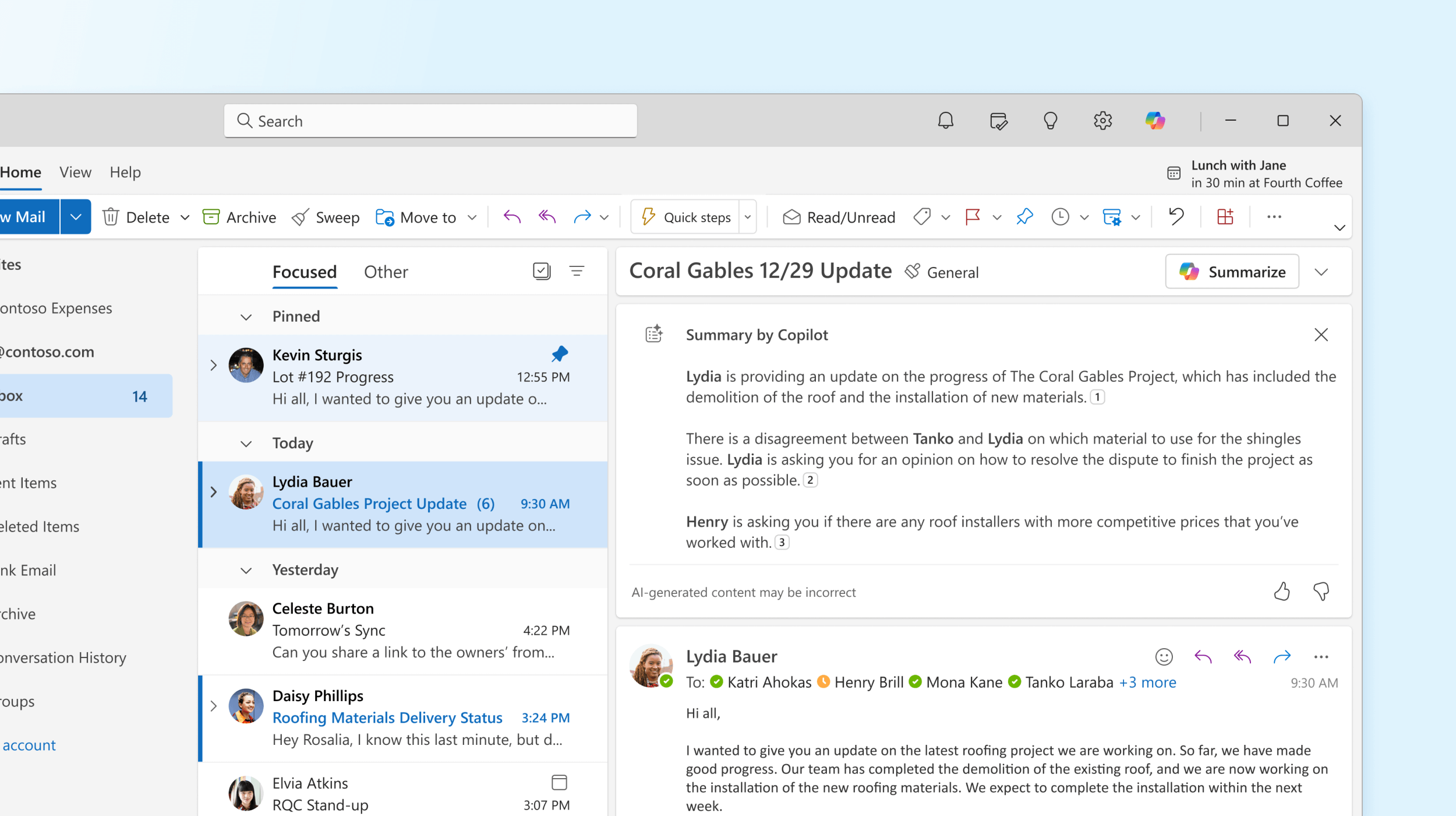 Screenshot shows Summary by Copilot in Outlook.