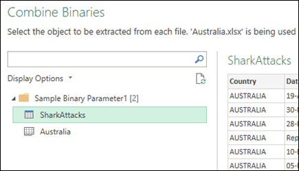 Combine Binaries dialog displaying available Excel worksheets to select the primary consolidation target