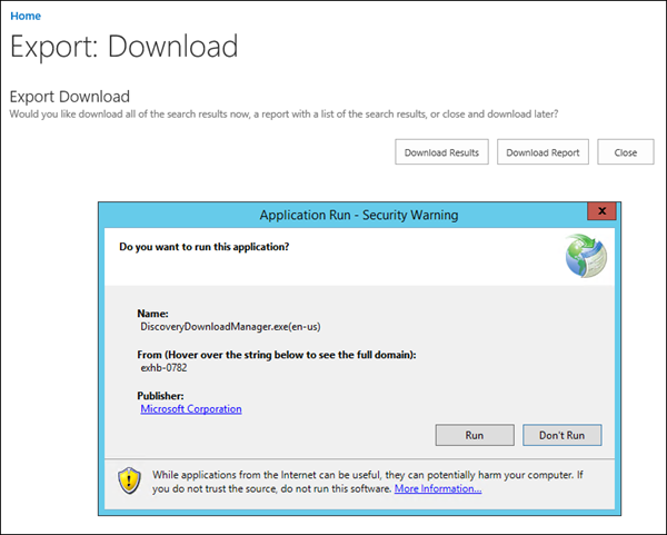 Security warning for eDiscovery Download Manager