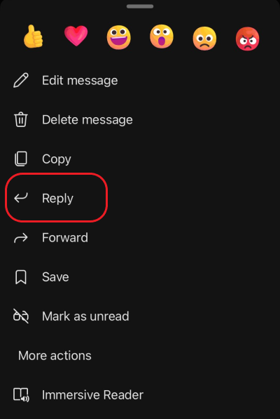 A red box highlights the second option in the more options menu, which is reply.