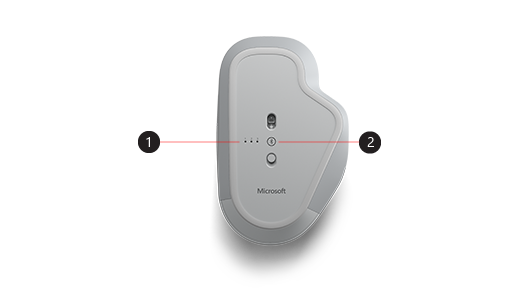 Picture of the bottom of the Surface Precision Mouse pointing out the pairing button and the pairing lights.