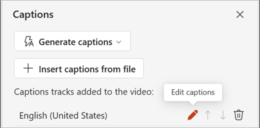 Edit captions button for a captions track in the Captions pane.