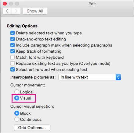 Cursor movement options in the Edit dialog box