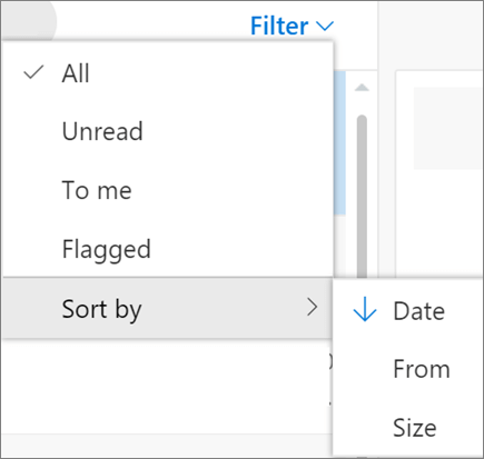 A screenshot shows the Sort by option selected from the Filter control for email messages.