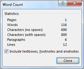 Word Count dialog box