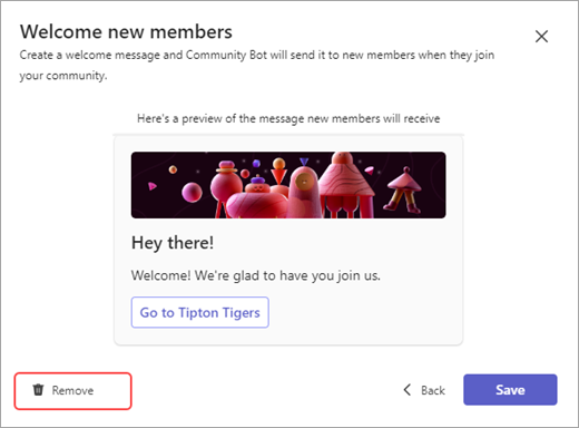 Screenshot of the remove button to delete a community bot message in Microsoft Teams.
