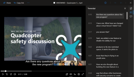 A video plays in a browser. The video's transcript is displayed in the right-side pane.