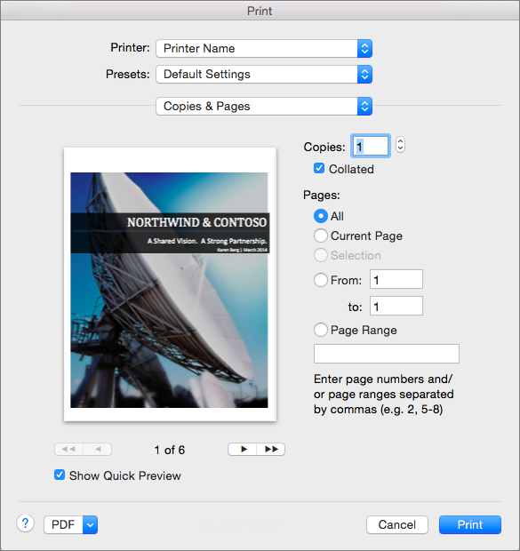 In Print, in the Copies & Pages settings, you can preview pages and specify the pages and number of copies to print.