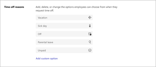 Screenshot of time-off reasons in Shifts settings