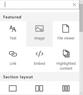 Screenshot of Image webpart selection in SharePoint.
