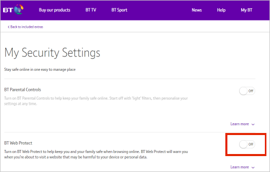 BT Security Settings page