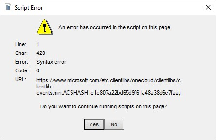 A screenshot of the error message, "An error has occurred in the script on this page."