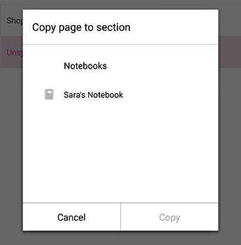 The Copy Page menu in OneNote for Android