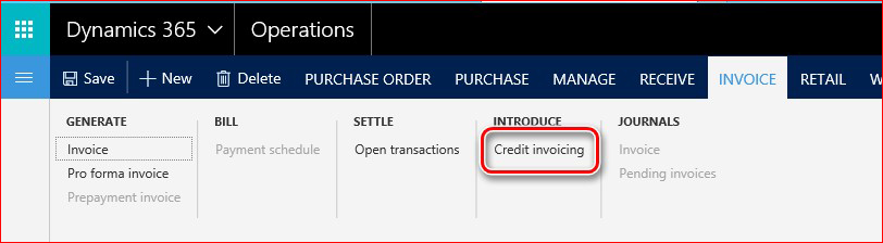 This image shows how to find the Credit invoicing functionality.