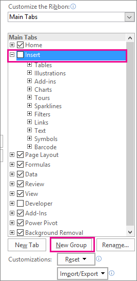 New Gtroup button in the Customizr Ribbon Excel options