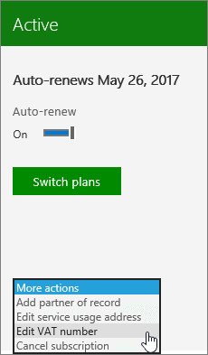 Part of a subscription card with the More actions menu open and the Edit VAT number option selected.