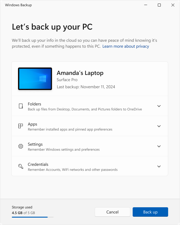 Screenshot of Windows Backup in Windows 10.