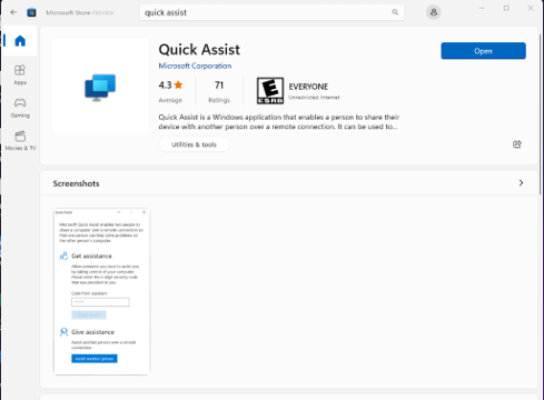 Open Quick Assist Store app