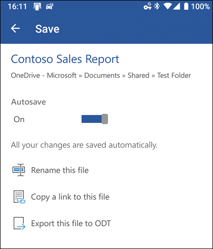 The save menu in Word for Android