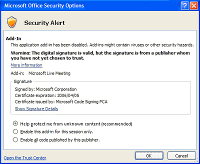Microsoft Office Security Options dialog box