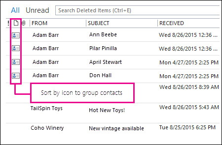 Sort by icon to group contacts in the Deleted Items folder